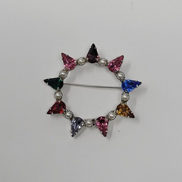 Vintage 60s B David Signed Star Brooch Pin Rainbow Rhinestones Faux Pearl Wreath - Picture 5 of 6